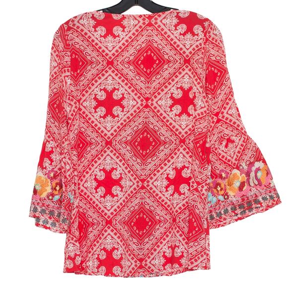 Savanna Jane Tunic Top Boho Romantic Embroidered Bell Sleeve Floral Red Small - Picture 2 of 6